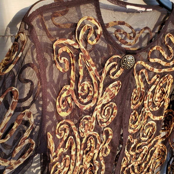 Chico's Brown Sheer Mesh Summer Cardigan w/Sewn-on Animal Print Leopard Swirls - Picture 12 of 16